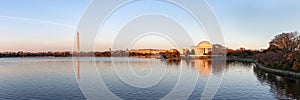 Jefferson Memorial and Washington Monument reflected on Tidal Basin in the evening, Washington DC, USA.