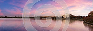 Jefferson Memorial and Washington Monument reflected on Tidal Basin in the morning, Washington DC, USA.