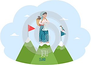 Jeju island invitation card Mountaine landscape of south asian country with woman on top of hill