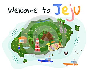 Jeju island travel map. Fun in uninhabited territory. Main attractions of the south korean resort