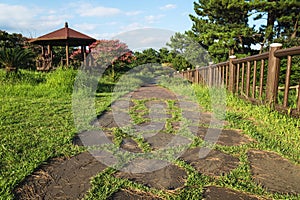 Jeju olle pathway with grass through a park with a little gardenhouse in Seogwipo, Jeju Island, South Korea