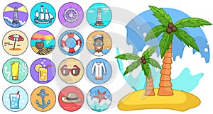 Jeju palm tree isolated at white, cartoon style, collection of nautical or sea symbols, vector flat style