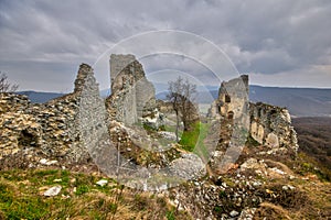 Jelenec castle ruins during sunrise