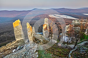 Jelenec castle ruins during sunrise