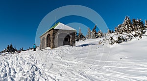 Jeleni studanka hut in winter Jeseniky mountains in Czech republic