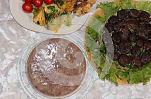 jellied meat, cold jellied meat dish and salad