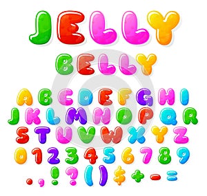 Jelly alphabet. Fruit candy font, typographics cartoon letters and numbers. Sweet bubble marmalade abc, creative kids