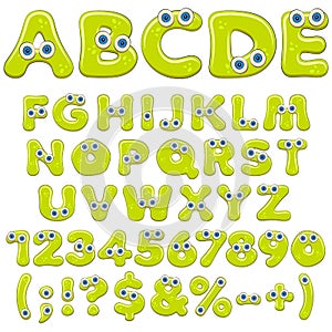 Jelly alphabet, letters, numbers and characters with blue eyes. Isolated colored vector objects.