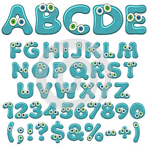 Jelly alphabet, letters, numbers and characters with eyes. Isolated colored vector objects.