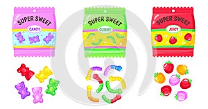 Jelly bears pack. Mix of gummy candies, marmalade colorful sweets for kids, sugar food, neat cartoon abstract vector photo