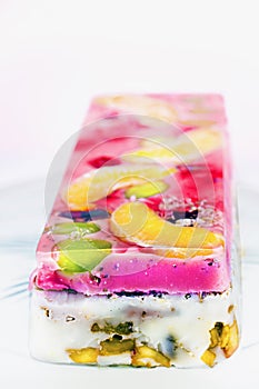 Jelly cake with fruits, berries and milk
