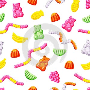 Jelly candies bears, worms, bananas seamless sweet pattern on a white isolated background. Vector cartoon background.