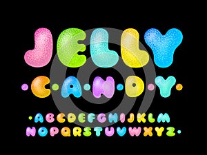 Jelly candy font. Soft glossy multicolored vector uppercase alphabet isolated on black background