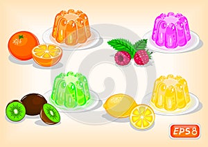 Jelly with different flavors with citrus fruits and raspberries