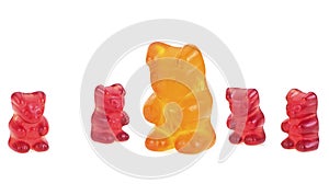 Jelly gummy bears isolated on white background. Colorful eat gummy bears. Jelly candy