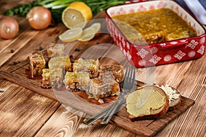 Jelly with meat, beef aspic, traditional Russian dish