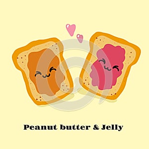 Jelly and peanut butter toast vector illustration in cute doodle style with antropomorphic faces