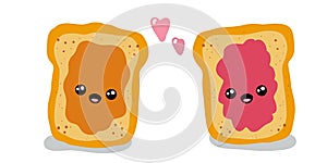 Jelly and peanut butter toast vector illustration in cute doodle style with antropomorphic faces