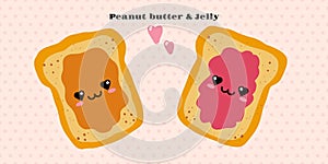 Jelly and peanut butter toast vector illustration in cute doodle style with antropomorphic faces