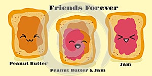 Jelly and peanut butter toast vector illustration in cute doodle style with antropomorphic faces