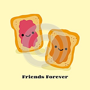 Jelly and peanut butter toast vector illustration in cute doodle style with antropomorphic faces
