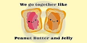 Jelly and peanut butter toast vector illustration in cute doodle style with antropomorphic faces