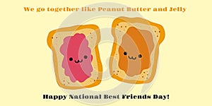 Jelly and peanut butter toast vector illustration in cute doodle style with antropomorphic faces