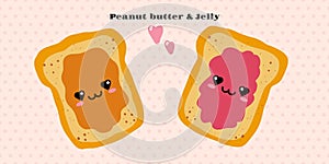 Jelly and peanut butter toast vector illustration in cute doodle style with antropomorphic faces photo