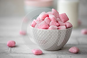 jelly strawberry sweets in a gray bowl