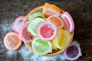 Jelly sweet, flavor fruit, candy dessert colorful in ceramic bow