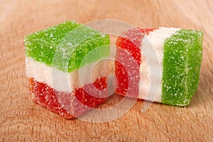 Jelly sweet, flavor fruit, candy dessert colorful on wood background