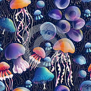 Jellyfish bioluminescent disco party, awesome sea creatures seamless pattern illustration