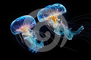Jellyfish on black background, 3D illustration of jellyfish, Two jellyfishes swimming in the water. 3d rendering, AI Generated