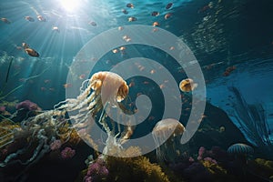 jellyfish and cnidarian school in a vibrant underwater scene