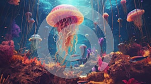 Jellyfish and coral reef in the ocean, AI