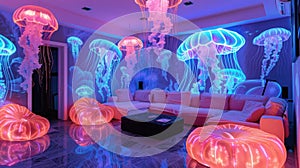 jellyfish core interior design living room neon paint on wall