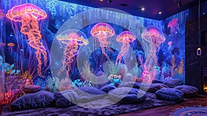 jellyfish core interior design living room neon paint on wall