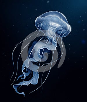 Jellyfish deep sea poisonous illustration realism on a background of dark water.