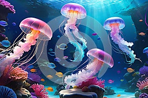 Jellyfish - Ethereal and Aglow, Gracefully Navigating the Serene Underwater Landscape of a Modern Slee