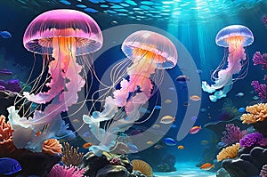 Jellyfish - Ethereal and Aglow, Gracefully Navigating the Serene Underwater Landscape of a Modern Slee