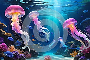 Jellyfish - Ethereal and Aglow, Gracefully Navigating the Serene Underwater Landscape of a Modern Slee