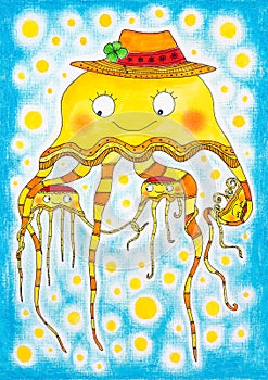 Jellyfish family, child's drawing, watercolor painting