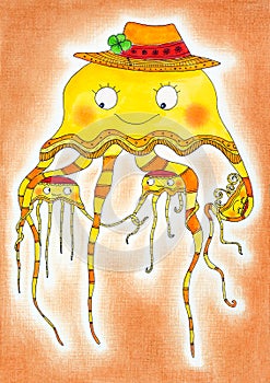 Jellyfish family, childs drawing photo