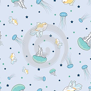 Jellyfish and fish underwater seamless pattern