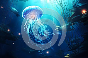Jellyfish glowing and swimming underwater in the ocean