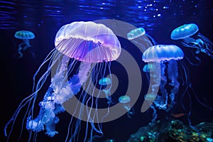 jellyfish illuminated by lights in an aquarium tank