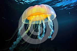 jellyfish illuminated by the lights of a diving submarine