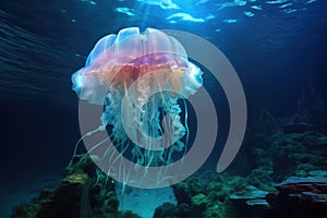 jellyfish illuminated by submarine lights