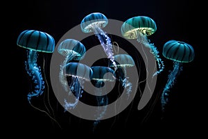 Jellyfish isolated on black background. Neon colors.