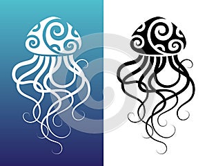 Jellyfish Maori style. Tattoo sketch or logo. Tribal ethno style.